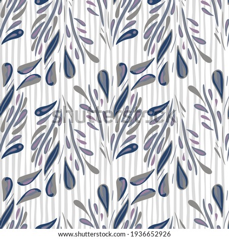 Hand drawn seamless doodle pattern with blue colored foliage shapes. Light striped background. Doodle backdrop. Designed for fabric design, textile print, wrapping, cover. Vector illustration.