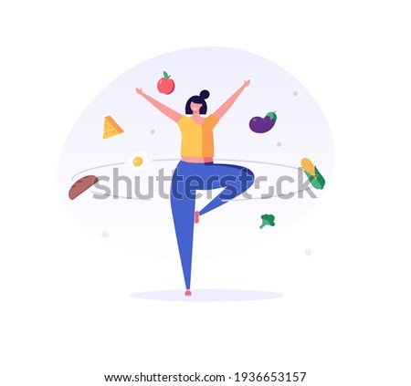 Woman doing yoga on the street. Сoncept of fitness marathon, proper nutrition, healthy food, weight management, beautiful body, vegetables, slimming. Vector illustration in flat design Royalty-Free Stock Photo #1936653157