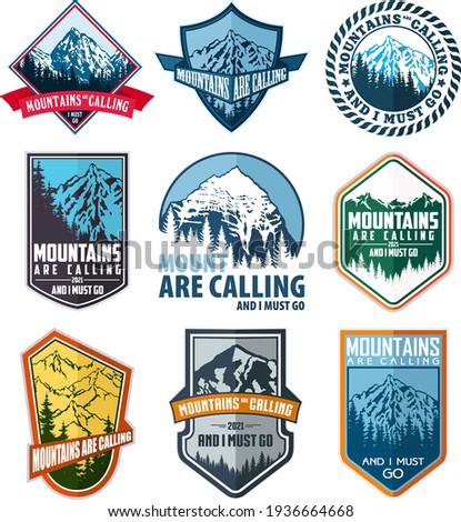 Vector set of nine mountain travel emblems. Camping climbing outdoor adventure emblems, badges and logo. Mountain tourism, hiking, mountaineering labels.