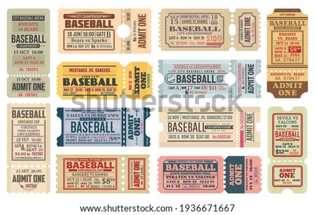 Vintage tickets on baseball game. Sport competition, baseball tournament or cup admission card, stadium entrance pass vector templates with retro typography, team names and controller perforation