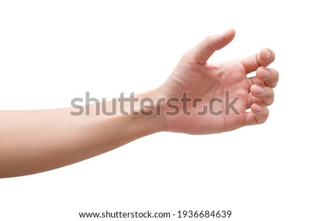Close up male hand holding something like a bottle or can isolated on white background with clipping path. Royalty-Free Stock Photo #1936684639