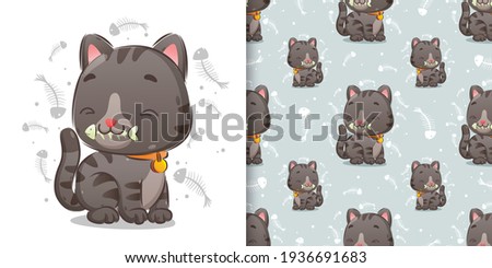 The pattern of a cute cat is eating a bone fish with a very happy face of illustration