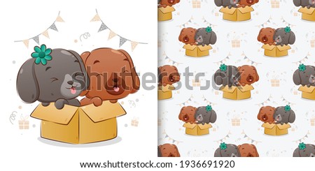 The seamless of two puppies standing of the big box with the happy face of illustration