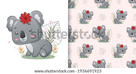 The hand drawn of the coloured koala with the cute flowers sitting on the garden of illustration