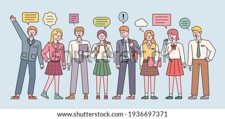 Male and female students in school uniforms are standing and expressing their opinions. flat design style minimal vector illustration.