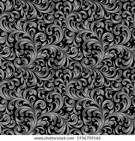 Silver baroque embroidery floral seamless pattern. Stitch texture fashion print  