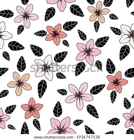 Symmetric pink lilies illustration black outlines and black leaf, pink variations.