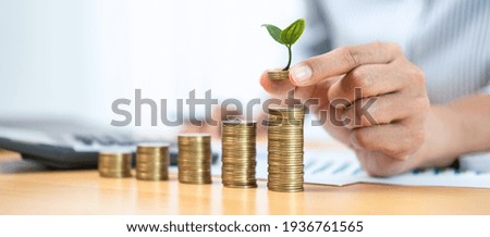 Close up of asian business woman holding coin with tree growing to putting on stacking coin about finance and accounting while the idea of increasing profit from business investment Royalty-Free Stock Photo #1936761565