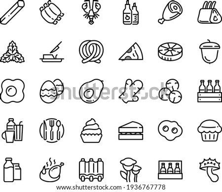 Food line icon set - pizza piece, lobster, ham, pretzel, ketchup, acorn, fried chicken, cupcake, butter knife, milk bootle and pack, ribs, fork spoon plate, omelette, easter egg, drinks, sanwich