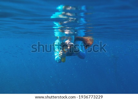 Woman with photo camera undersea in fish colony. Open water of deep blue ocean. Snorkeling in open sea. Sea fish school and diving girl. Underwater photography gear