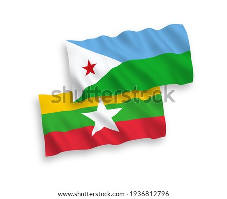 National vector fabric wave flags of Republic of Djibouti and Myanmar isolated on white background. 1 to 2 proportion.