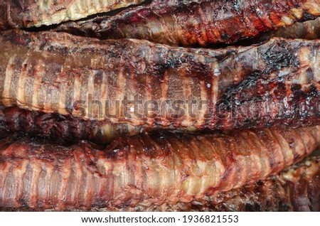 Dried beef trachea, full frame. Natural Chewable Pet Treats. Close-up. Selective focus. Royalty-Free Stock Photo #1936821553