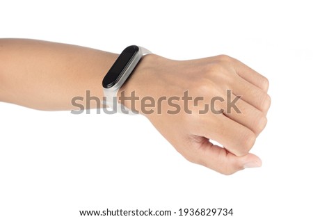 Smart band tracking heart rate and health data isolated on white background.