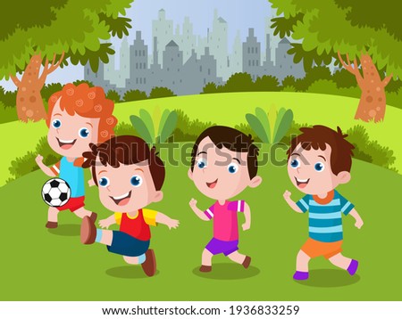 Cute little boy cartoon playing soccer at the park during summer day