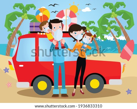 Family road trip vector concepts: Happy family traveling by car while wearing face mask and standing on the beach