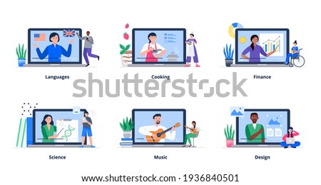 Set of concepts with different people on the internet. Online education, e-learning, studying at home. Vector flat illustration.