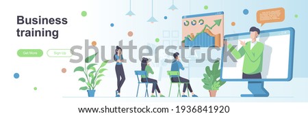 Business training landing page with people characters. Online webinar with business coach banner. Professional workshop vector illustration. Flat concept great for social media promotional materials. Royalty-Free Stock Photo #1936841920