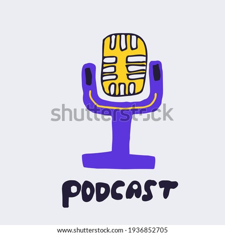 Hand-drawn microphone, podcasts, radio, conversation, news. Vector graphics on white background
