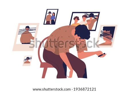 Concept of mental health problems, inner conflict, self-rejection and hatred. Depressed man hating his life and crossing out his past. Colored flat vector illustration isolated on white background Royalty-Free Stock Photo #1936872121