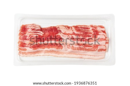 Raw smoked bacon in plastic pack isolated. Streaky brisket slices on tray, fresh thin sliced bacon on white background Royalty-Free Stock Photo #1936876351
