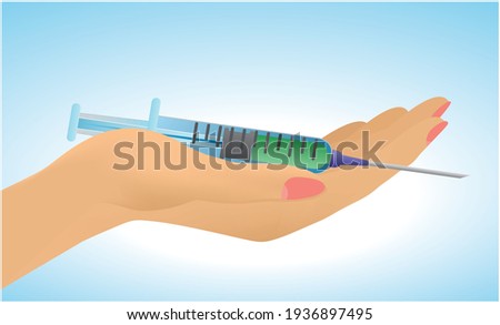 Hand holding syringe. Dimension 16:9. Vector illustration.