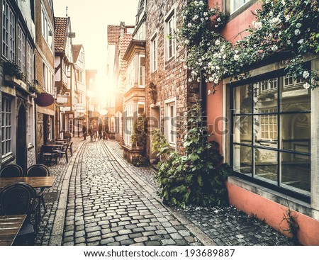 Old town in Europe at sunset with retro vintage Instagram style filter effect Royalty-Free Stock Photo #193689887