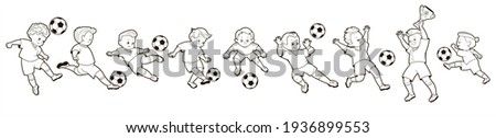 Coloring book; set of isolated images of boys soccer players in different poses playing a soccer ball. Vector illustration in cartoon style, black and white line art