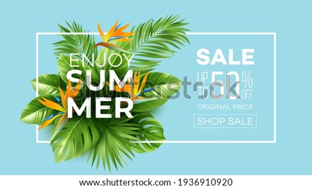Summer tropical background with Strelitzia flowers and tropical leaves. The inscription Summer Sale on a background of tropical green leaves. Summer Sale concept. Vector illustration EPS10 Royalty-Free Stock Photo #1936910920