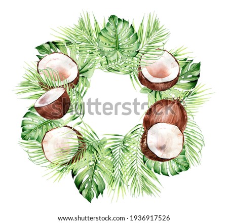 Coconut palm watercolor frame clipart, Modern tropical clipart coconut, Palm leaves for summer wedding, cosmetics, greeting cards, poster