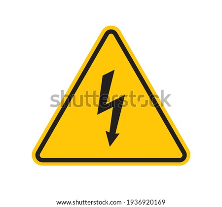 Vector yellow triangle sign - black silhouette symbol high voltage. Isolated on white background.  Royalty-Free Stock Photo #1936920169