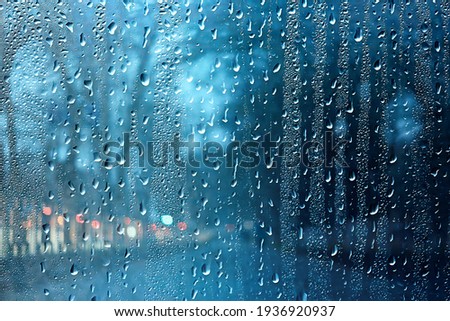 wet glass view of branches park autumn, abstract background drops on the window evening november
