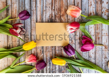 Spring tulip flowers  on rustic background. Envelope, selective focus,  flat lay. Colorful tulips and vintage letters on wooden background, copy space.