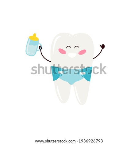  milk tooth cartoon baby in diaper. For design of brochures on prevention of children's caries, advertising of teeth care products.Vector illustration, hand drawn, kawaii