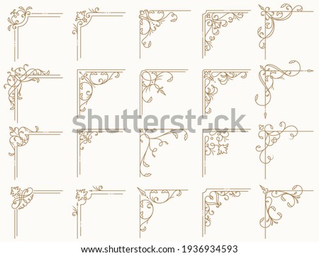 Vintage corner frames with different shapes. Set of isolated decorative angle borders. Flourish vector designs for greeting card, book page, restaurant menu, certificate, wedding invitation etc.