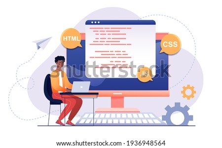 Script coding and programming in php, python, javascript, other languages concept. Software developers. Flat cartoon vector illustration design. Isolated on white background