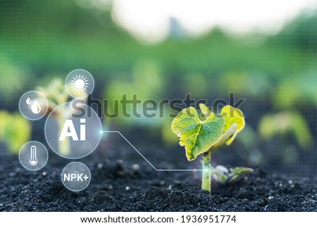 AI industrial agriculture, farming technology in the futuristic icon. Smart farm technology for detection and control system of Plant sprout growing design infographics