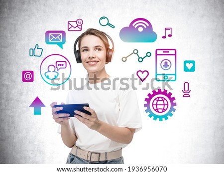 Student woman in casual clothes with smartphone in hands, listening to music. Idea and social communication icons, concept of network, technology and interface