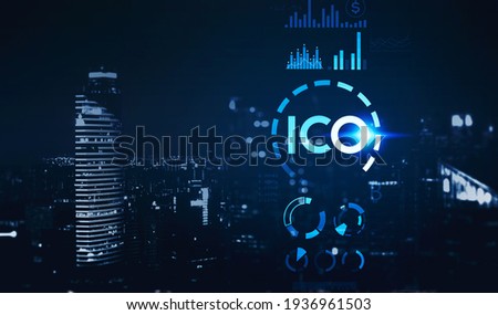 Glowing symbol of ICO, night business buildings on background. Double exposure with initial coin offering icon. Concept of cryptocurrency and bitcoin