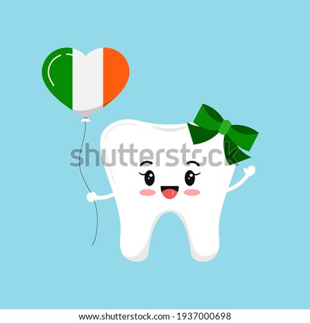 St Patrick day cute tooth dental icon isolated. Kids dentistry teeth character with irish flag color heart shape balloon. Flat design cartoon vector clip art illustration