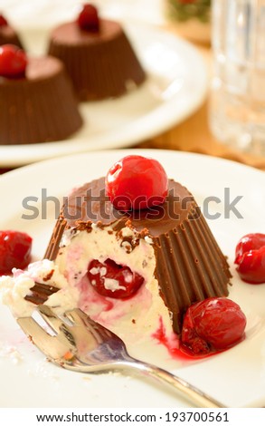 chocolate covered cheesy ice cream pastry with cherry