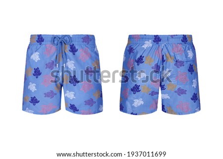 Men's swimming blue shorts isolated on white background. Men's boxers trunks with turtle pattern, front and back view. Ghost mannequin photography