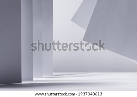 Abstract contemporary minimalistic geometric background of white grey perspective lines, light, shadow and asymmetry flying place as city, scene, copy space.
