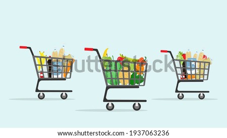 Shopping trolley and basket of food from grocery purchases. Paper bag and plastic of food like fruits, vegetable, bread, bottle of water in flat style vector illustration. Retail super market goods. 
 Royalty-Free Stock Photo #1937063236