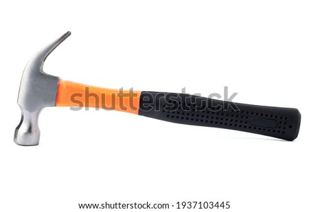 Close Up orange iron hammer with medium black rubber grip. It is a tool for nailing the roof. Isolated on white background. with clipping path. Royalty-Free Stock Photo #1937103445