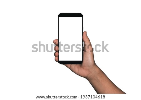 Hand holding Smartphone iPhone  and isolated on white background for your mobile phone app or web site design, logo Global Business technology - include clipping path. (Businessman hand iPhone) Royalty-Free Stock Photo #1937104618