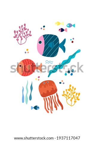 Vector poster with colorful tropical sea fish and octopus in the Scandinavian style on a white background. Children's vector illustration for pajamas