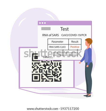 Vector illustration 2021 People Positive coronavirus test result on laptop New normal after COVID-19 pandemic Test for virus infection Immunity Health Passport QR code Medicine Design for web, print