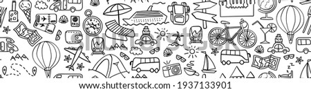 Travel hand drawn icons in seamless horizontal border. Vacation web banner. Vector illustration.