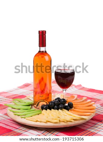 Red wine and cheese composition. Isolated on a white background.