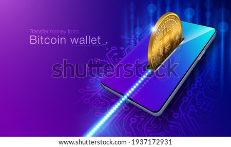 Transfer money from Bitcoin coin wallet to Smartphone securely with advanced technology. It cannot be hacked or stolen with your personal password through the blockchain system. Royalty-Free Stock Photo #1937172931